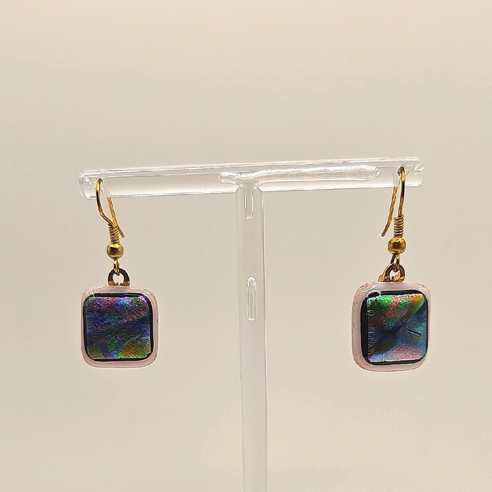 5/$25 - Elegant Raibow Dichroic Square Drop Earrings